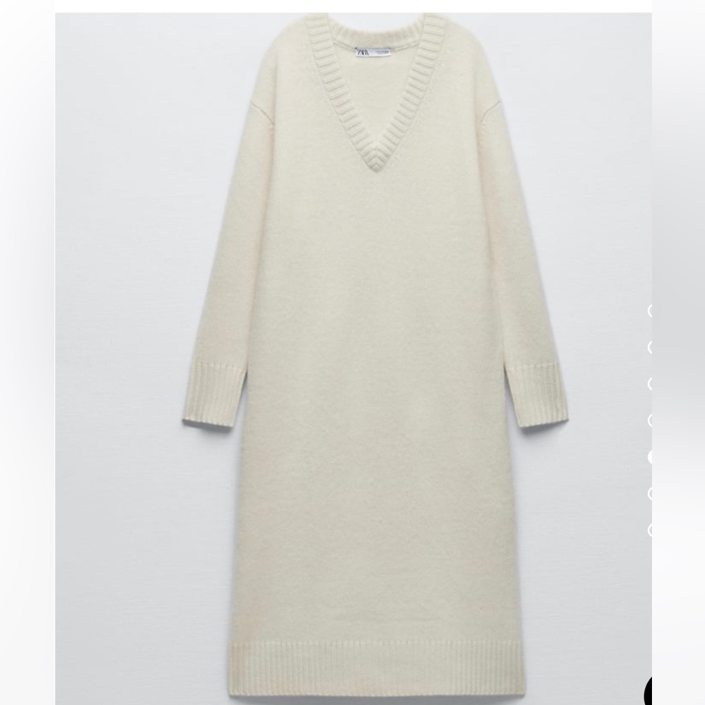 Nwt Zara Cashmere V-Neck Midi Dress Size M In Natural